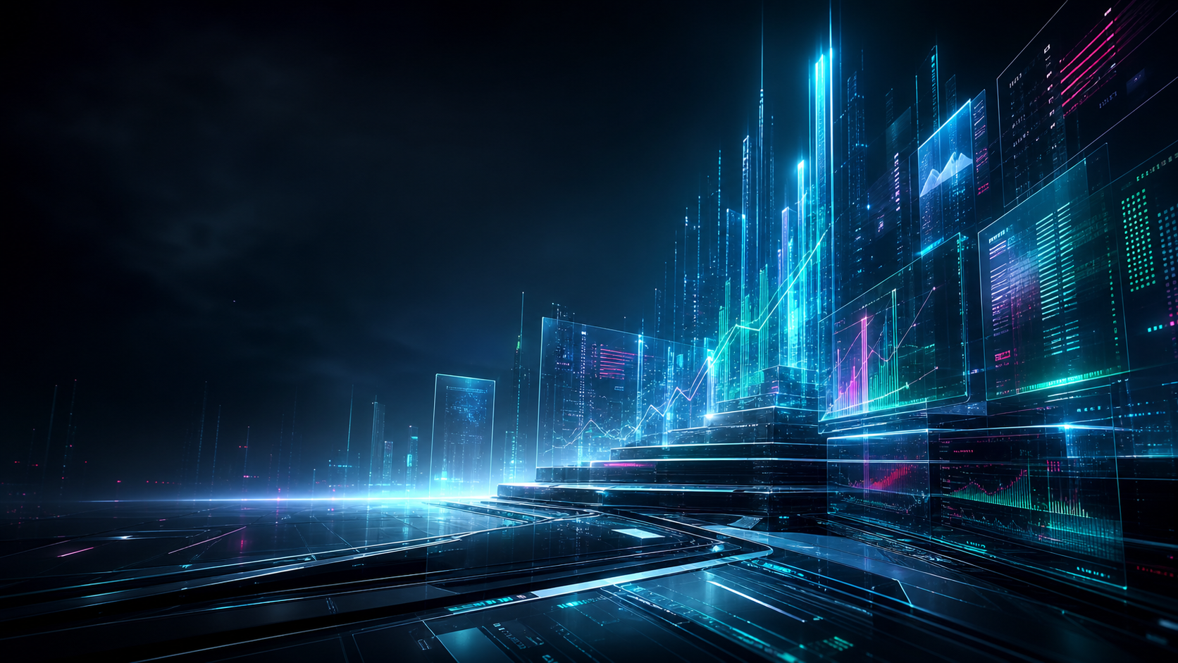 Futuristic digital architecture with luminous glass systems rising through a dark technology landscape.
